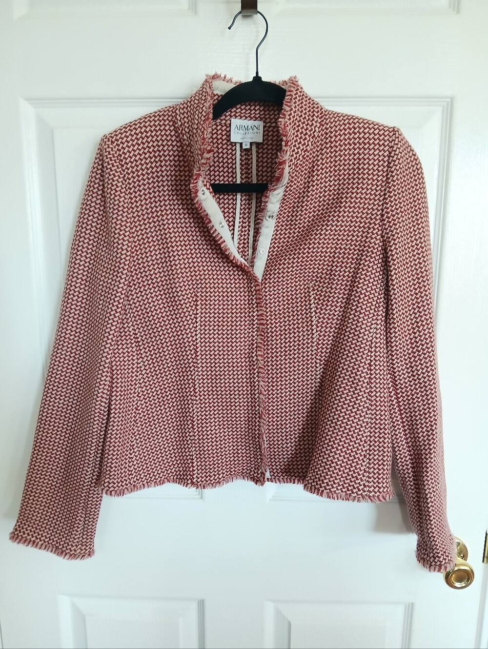 Armani Collezioni Red and White Fringe-Trim Jacket Luxury Virgin Wool Career